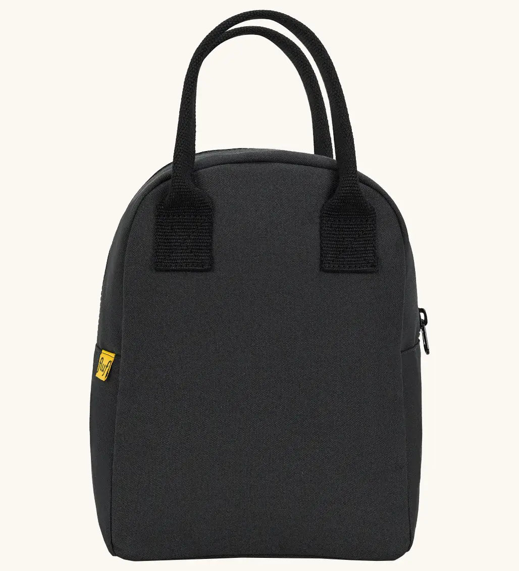 Fluf GOTS organic cotton zippered lunch bag in carbon black with a matching carry handle