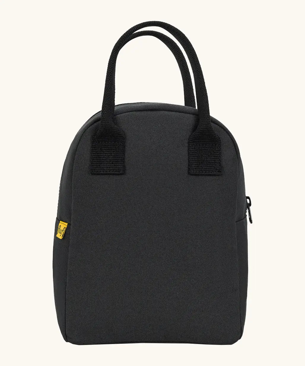 Fluf GOTS organic cotton zippered lunch bag in carbon black with a matching carry handle