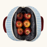 An open Fluf GOTS organic cotton zippered lunch bag in a white and blue gingham showing 6 apples inside and a interior pocket 