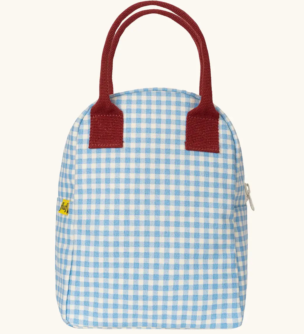 Fluf GOTS organic cotton zippered lunch bag in a white and blue gingham design with a maroon carry handle