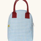 Fluf GOTS organic cotton zippered lunch bag in a white and blue gingham design with a maroon carry handle