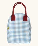 Fluf GOTS organic cotton zippered lunch bag in a white and blue gingham design with a maroon carry handle
