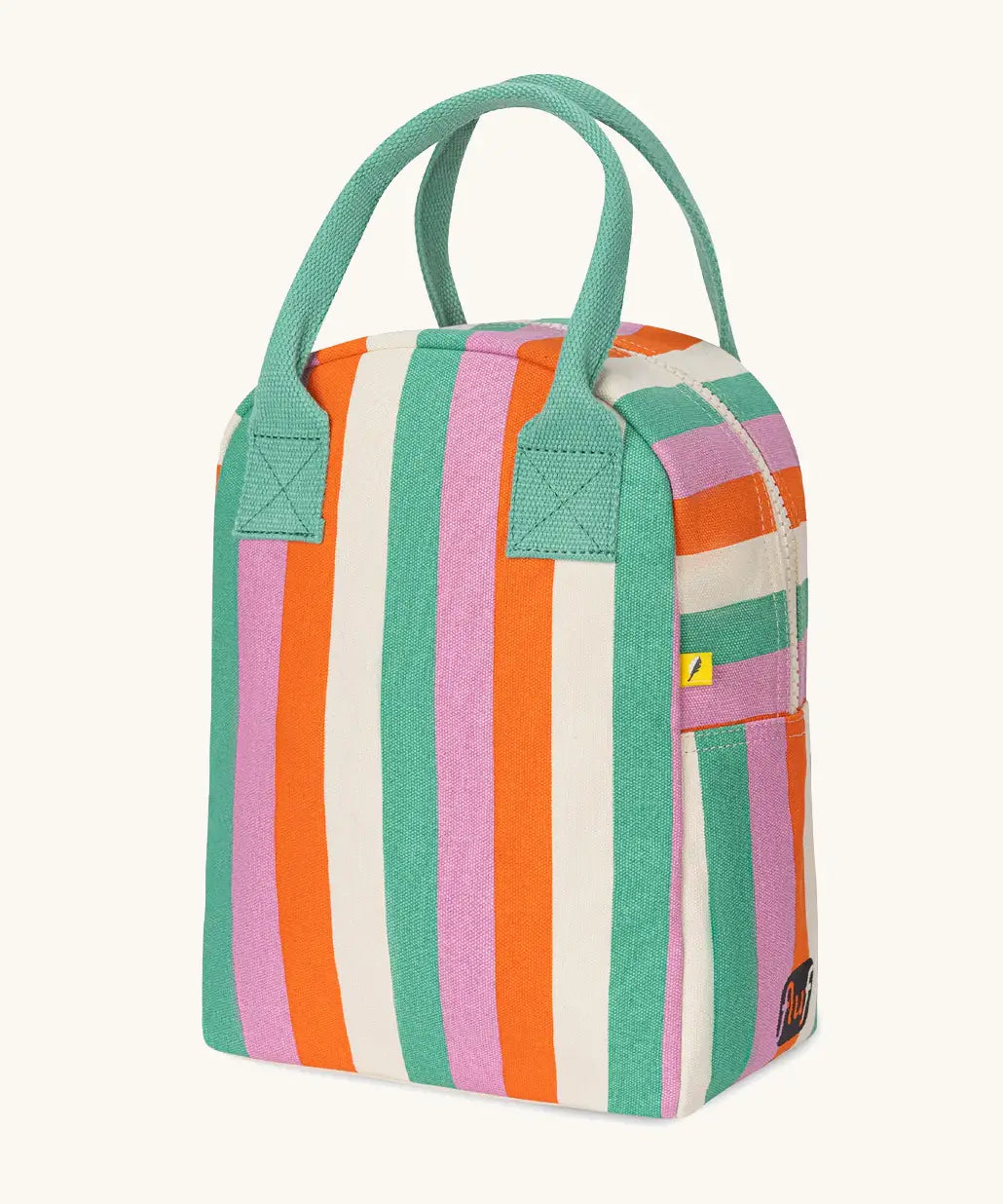 Side of Fluf GOTS organic cotton zippered lunch bag in pastel green, pink, orange and white striped design showing white zip detail