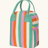 Side of Fluf GOTS organic cotton zippered lunch bag in pastel green, pink, orange and white striped design showing white zip detail