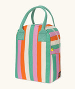 Side of Fluf GOTS organic cotton zippered lunch bag in pastel green, pink, orange and white striped design showing white zip detail
