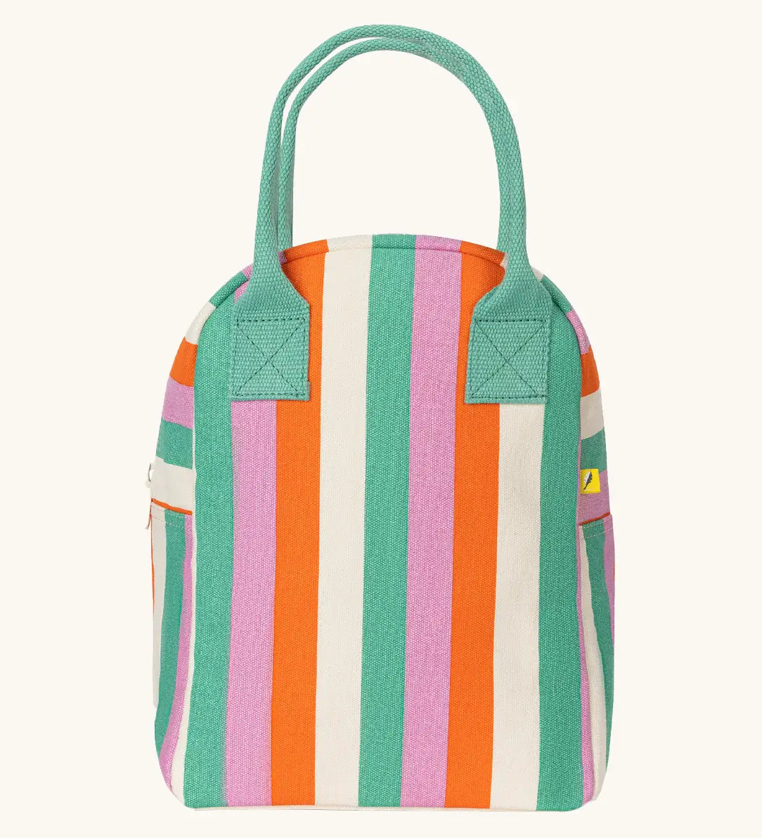 Fluf GOTS organic cotton zippered lunch bag in pastel green, pink, orange and white striped design and a green carry handle