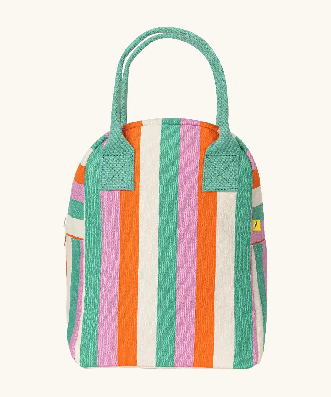 Fluf GOTS organic cotton zippered lunch bag in pastel green, pink, orange and white striped design and a green carry handle