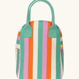 Fluf GOTS organic cotton zippered lunch bag in pastel green, pink, orange and white striped design and a green carry handle