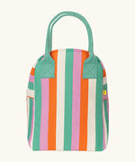 Fluf GOTS organic cotton zippered lunch bag in pastel green, pink, orange and white striped design and a green carry handle