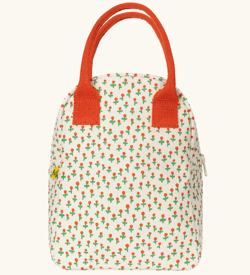 Fluf GOTS organic cotton zippered lunch bag in white with a cute tiny repeating rose design and a orange carry handle