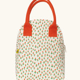 Fluf GOTS organic cotton zippered lunch bag in white with a cute tiny repeating rose design and a orange carry handle