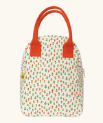 Fluf GOTS organic cotton zippered lunch bag in white with a cute tiny repeating rose design and a orange carry handle