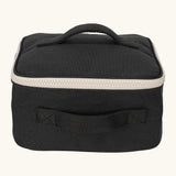 Fluf GOTS organic cotton square lunch bag in carbon black with a white zip detail. Features a carry handle on the top and side