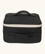 Fluf GOTS organic cotton square lunch bag in carbon black with a white zip detail. Features a carry handle on the top and side