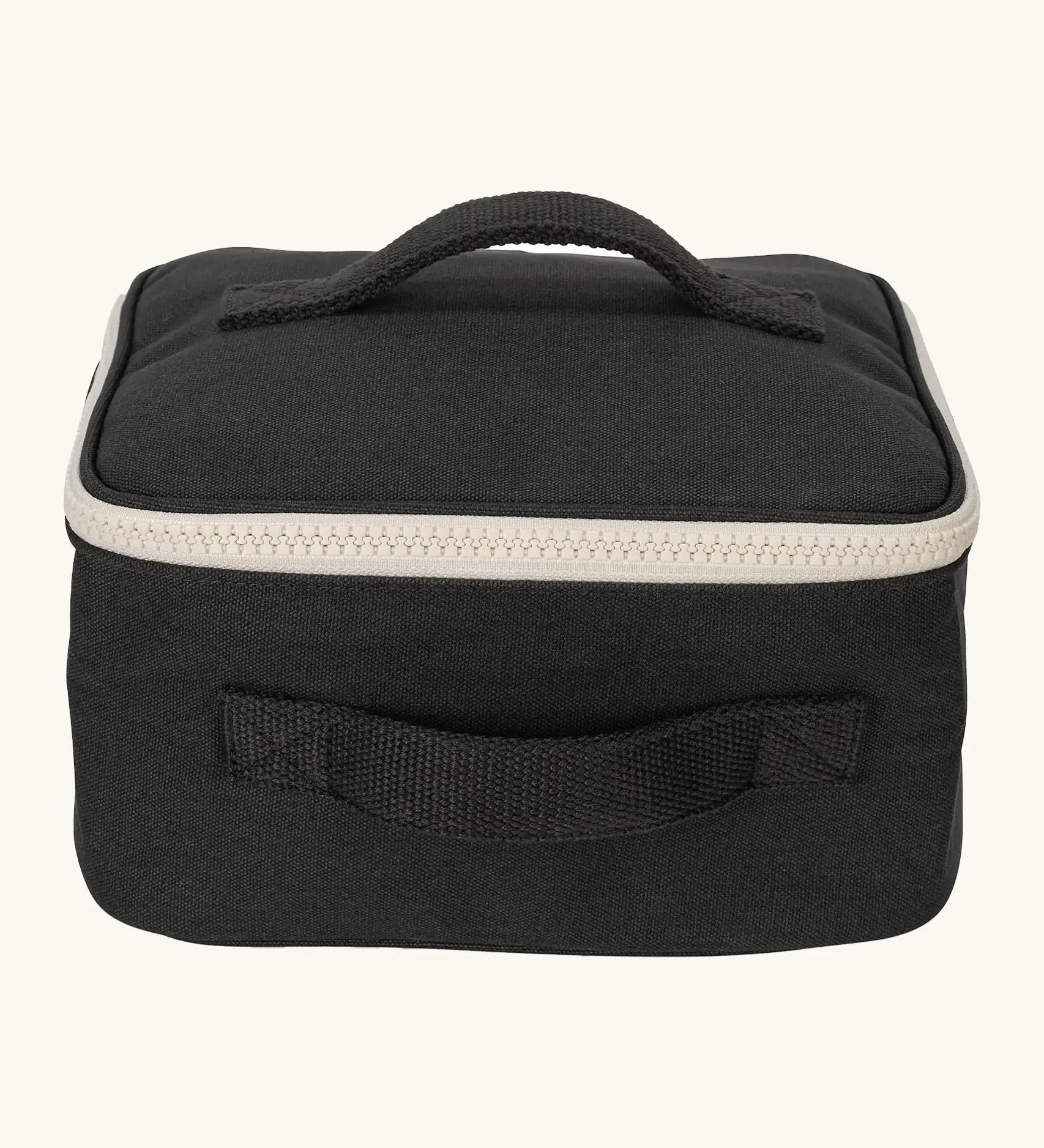Fluf GOTS organic cotton square lunch bag in carbon black with a white zip detail. Features a carry handle on the top and side