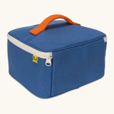 Back of Fluf GOTS organic cotton square lunch bag in a blue showing the white zip detail and orange carry handle