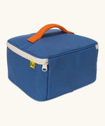 Back of Fluf GOTS organic cotton square lunch bag in a blue showing the white zip detail and orange carry handle