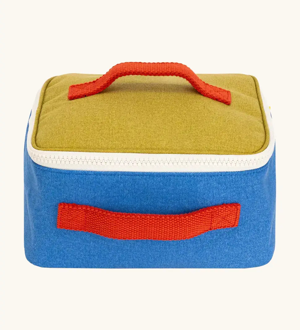 Fluf GOTS organic cotton square lunch bag in blue with a yellow top panel and white zip detail. Features a red carry handle on the top and side