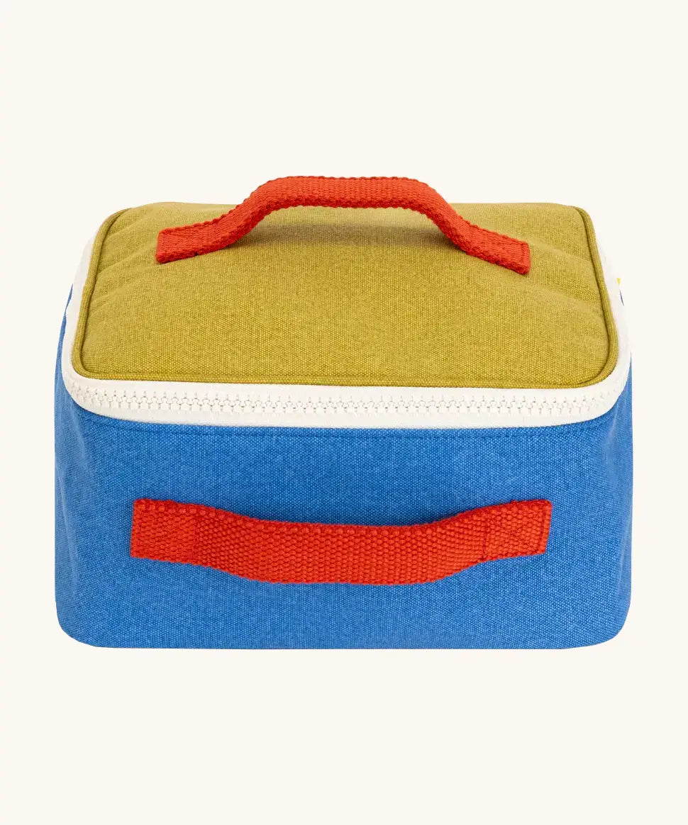 Fluf GOTS organic cotton square lunch bag in blue with a yellow top panel and white zip detail. Features a red carry handle on the top and side