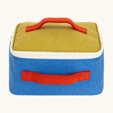 Fluf GOTS organic cotton square lunch bag in blue with a yellow top panel and white zip detail. Features a red carry handle on the top and side