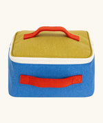 Fluf GOTS organic cotton square lunch bag in blue with a yellow top panel and white zip detail. Features a red carry handle on the top and side