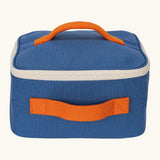 Fluf GOTS organic cotton square lunch bag in a blue with a white zip detail. Features a orange carry handle on the top and side