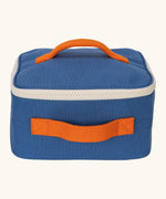 Fluf GOTS organic cotton square lunch bag in a blue with a white zip detail. Features a orange carry handle on the top and side