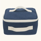 Fluf GOTS organic cotton square lunch bag in a navy with a white zip detail. Features a white carry handle on the top and side