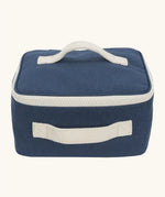 Fluf GOTS organic cotton square lunch bag in a navy with a white zip detail. Features a white carry handle on the top and side