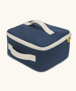 Side of a Fluf GOTS organic cotton square lunch bag in navy showing the white zip detail and carry handles