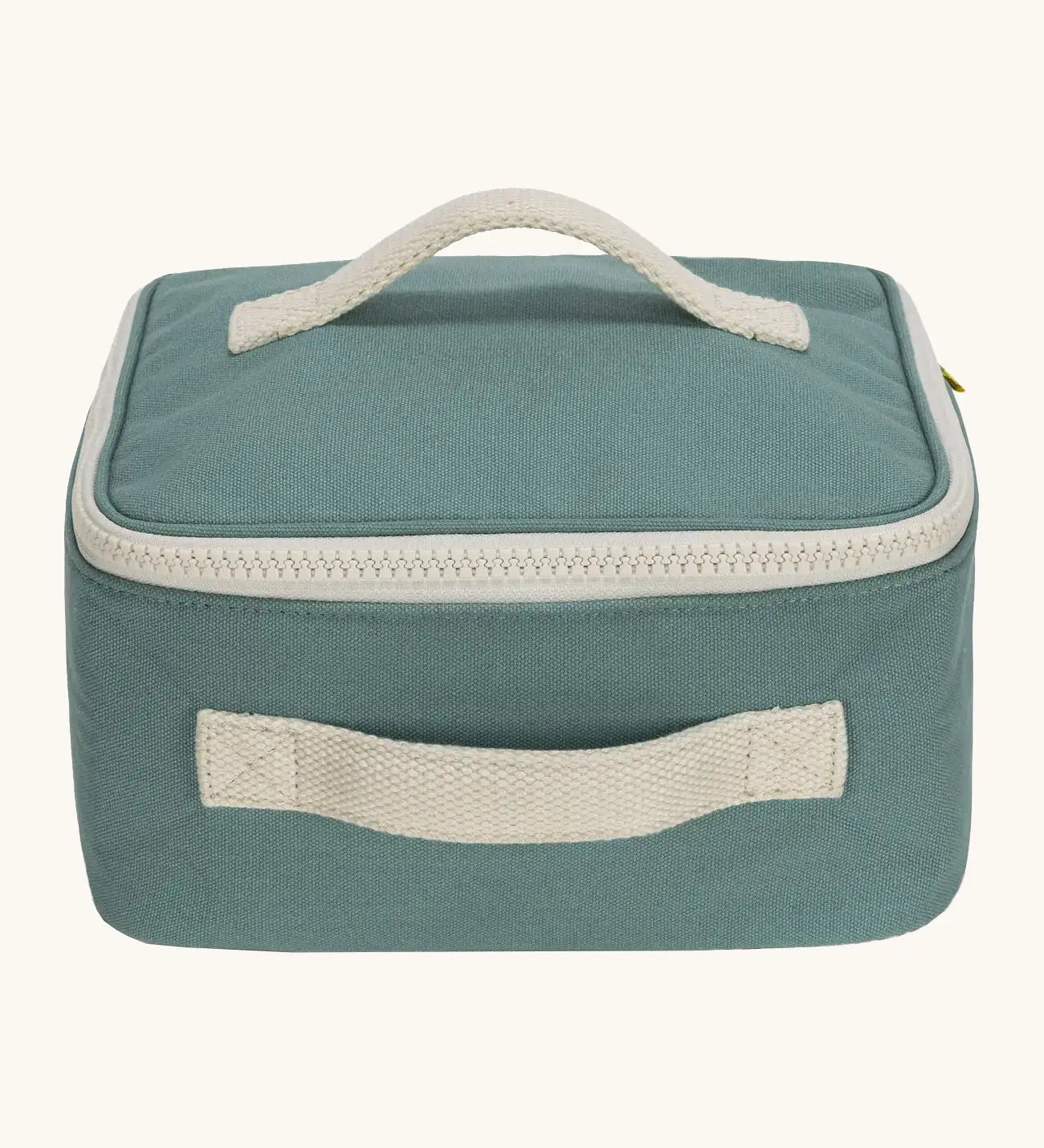 Fluf GOTS organic cotton square lunch bag in sage with a white zip detail. Features a white carry handle on the top and side