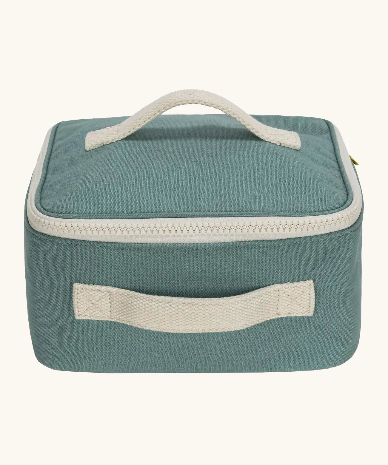 Fluf GOTS organic cotton square lunch bag in sage with a white zip detail. Features a white carry handle on the top and side