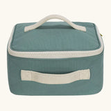 Fluf GOTS organic cotton square lunch bag in sage with a white zip detail. Features a white carry handle on the top and side