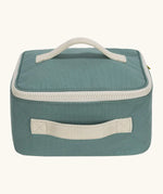 Fluf GOTS organic cotton square lunch bag in sage with a white zip detail. Features a white carry handle on the top and side