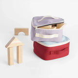 Wooden blocks packed inside GOTS organic cotton  Fluf square lunch bag