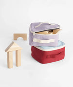 Wooden blocks packed inside GOTS organic cotton  Fluf square lunch bag