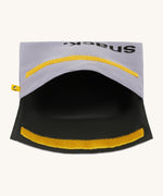 Fluf opened cotton snack pack with a flip yellow velcro in light purple colour with snack printed on the front in black  