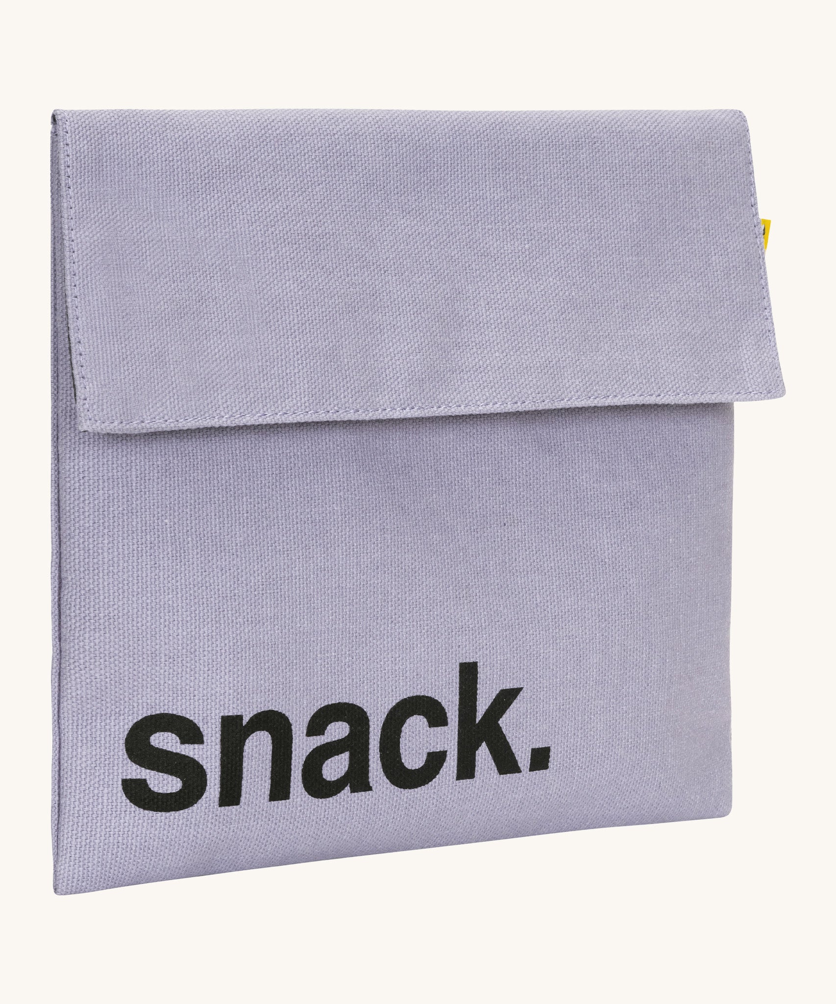 Fluf cotton snack pack with a flip velcro in light purple colour with snack printed on the front in black  side detail
