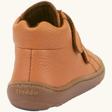 Back of Froddo natural leather kids barefoot shoe in rusty brown showing the padded ankle support.