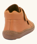 Back of Froddo natural leather kids barefoot shoe in rusty brown showing the padded ankle support.