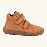 Side of  Froddo's natural leather kids barefoot shoe in rusty brown showing the padded ankle support and flexible rubber sole. Shoe has a zero-drop profile