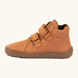 Side of Froddo natural leather kids barefoot shoe in rusty brown showing the padded ankle suppor and velcro straps looped through the eyelets