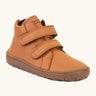 Rusty brown Froddo natural leather kids barefoot shoe with a padded ankle support, velcro straps, flexible rubber sole and zero drop profile
