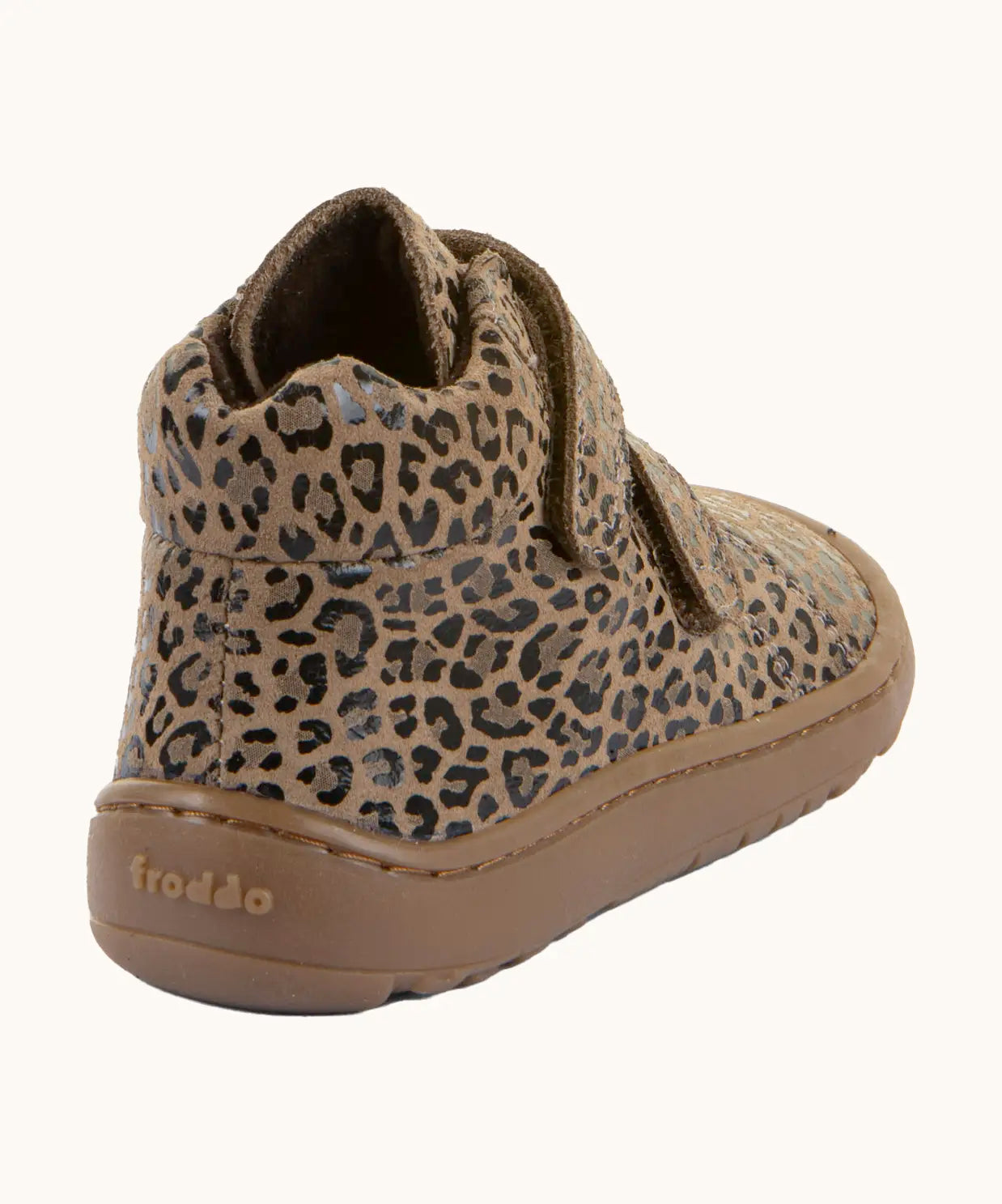 Back of Froddo natural leather kids barefoot shoe in leopard print showing the padded ankle support.
