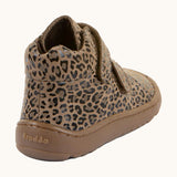 Back of Froddo natural leather kids barefoot shoe in leopard print showing the padded ankle support.