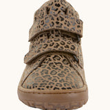 Front of the Froddo natural leather kids barefoot shoe in leopard print showing the velcro straps and flexible sole. Shoe has a wide toe box and zero drop profile