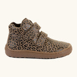 Side of Froddo's natural leather kids barefoot shoe in leopard print with a padded ankle support and flexible rubber sole. Shoe has a zero-drop profile