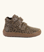 Side of Froddo's natural leather kids barefoot shoe in leopard print with a padded ankle support and flexible rubber sole. Shoe has a zero-drop profile