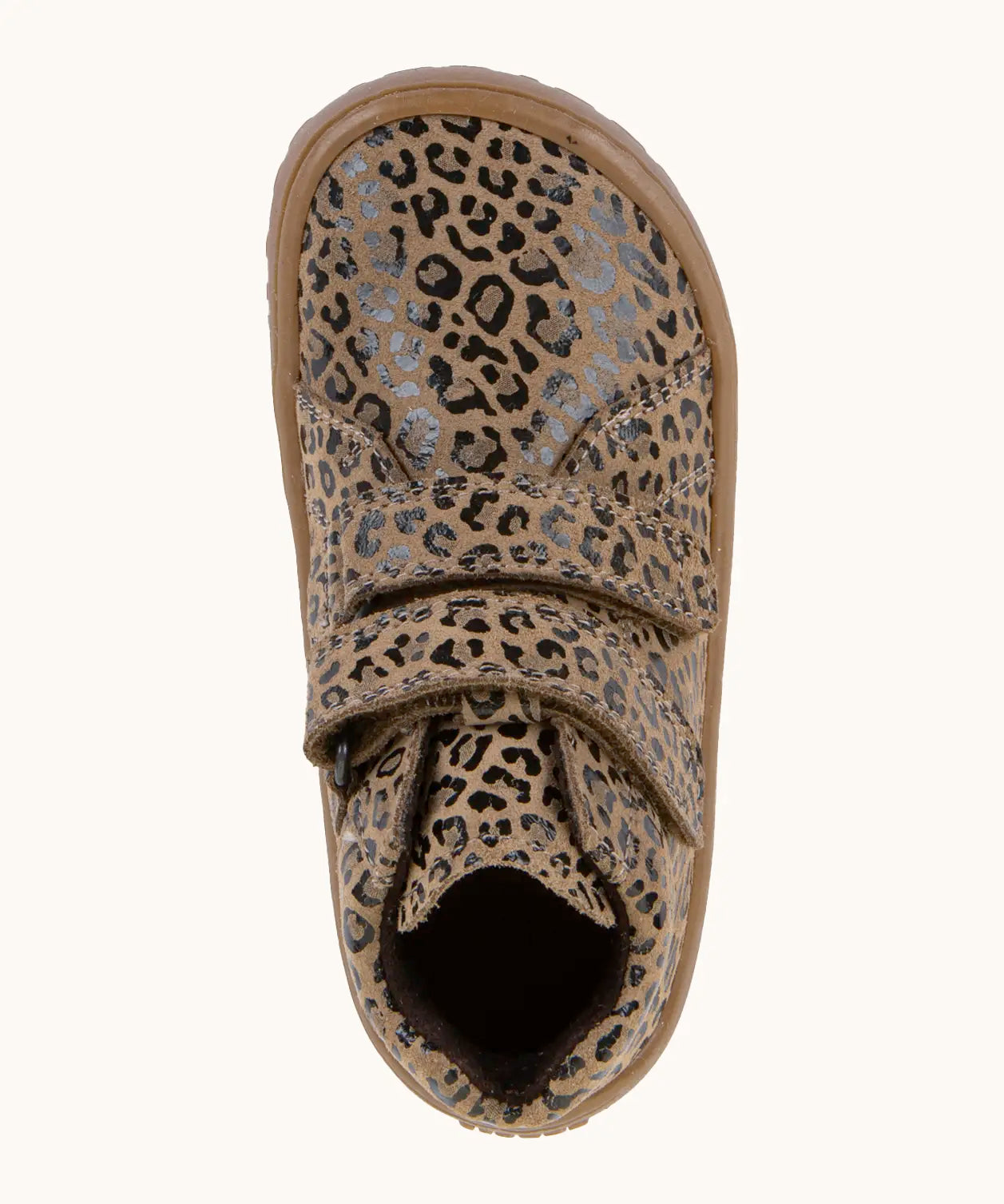 Top view of the Froddo natural leather kids barefoot shoe in leopard print showing the velcro straps fastened. Shoe has a wide toe box