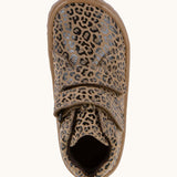 Top view of the Froddo natural leather kids barefoot shoe in leopard print showing the velcro straps fastened. Shoe has a wide toe box